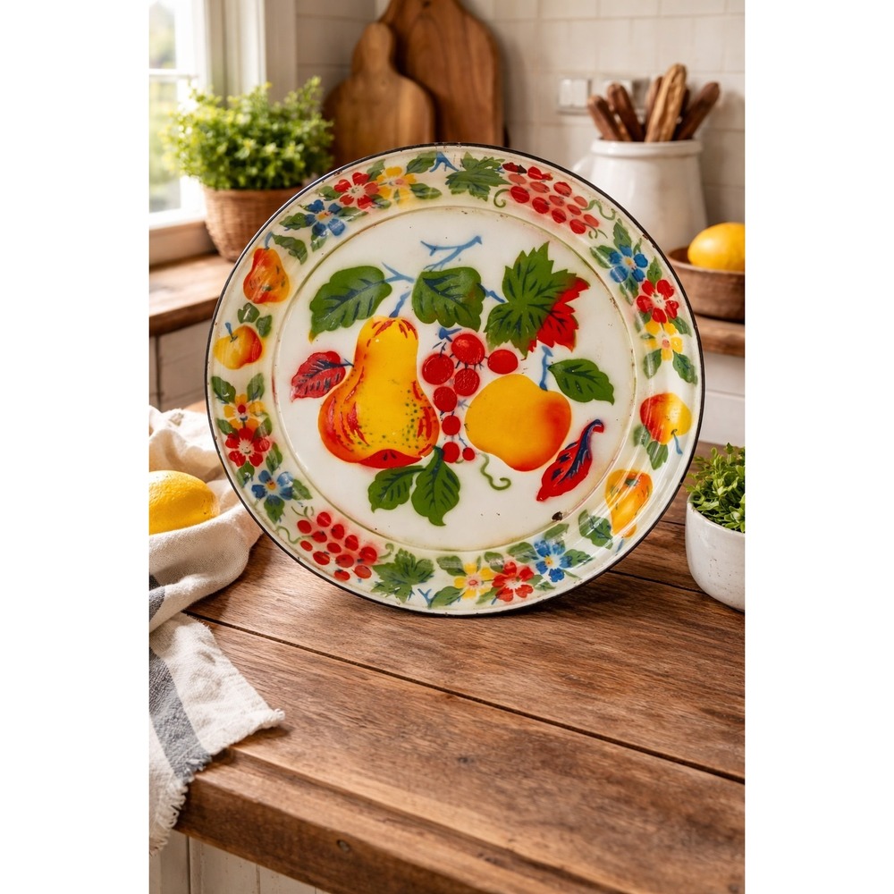 Vintage Enamelware Serving Tray Fruit Design Farmhouse Kitchen Decor Cottagecore